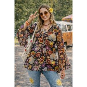 VTG Y2K Small Tunic Top Sheer Floral Sequin Bling Embellished Hippie Retro Fairy